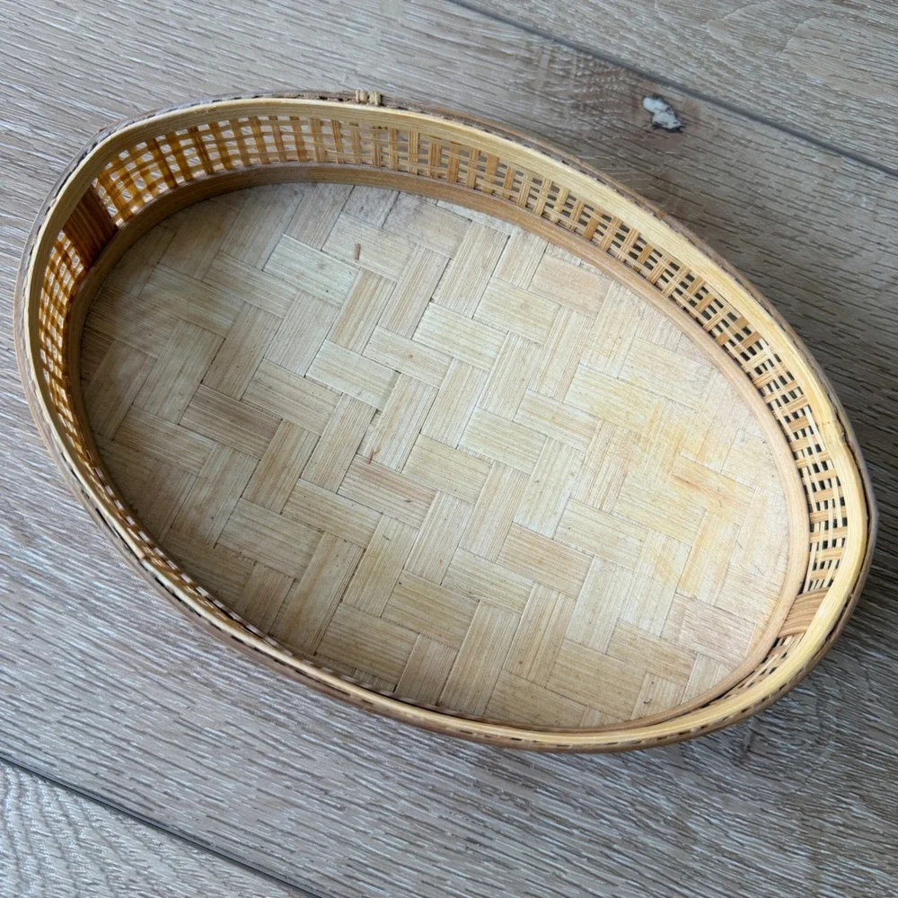 Vintage Woven Bamboo Oval Trinket Box with Lid Natural Wood Boho Storage 7.5in